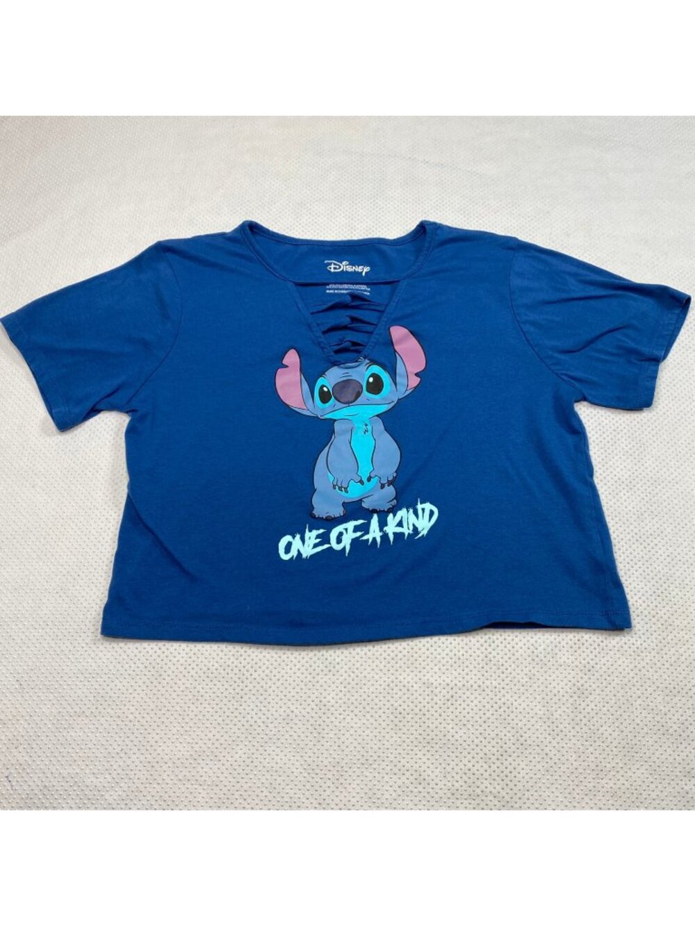 Disney Blue Stitch Graphic Tee Sz L Short Sleeve Lattice Neck Cute Disneycore
